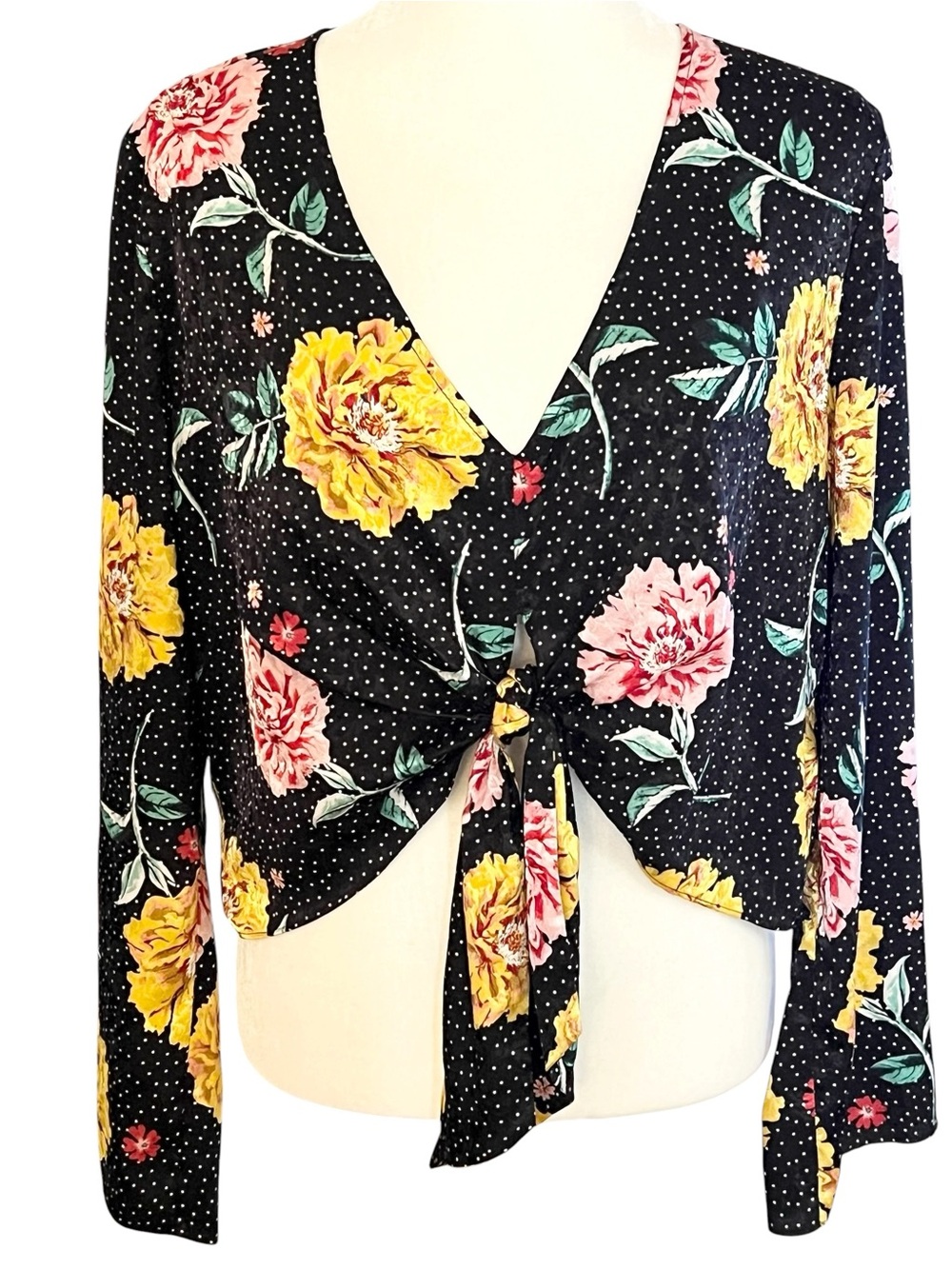 Topshop Black Floral Tie-Front Blouse with Yellow & Pink Blooms
